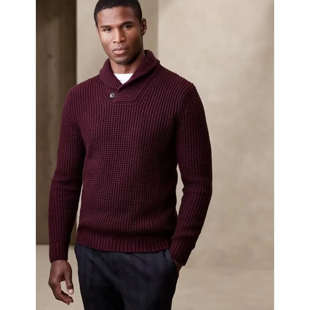 Banana Republic Black Waffle Popover Sweater Shawl Collar Men Medium 735028